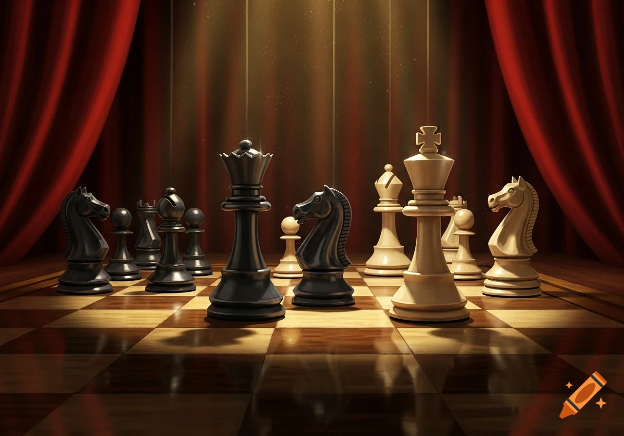 A close-up, dramatic shot of a chessboard with black and white chess pieces set against luxurious red curtains.