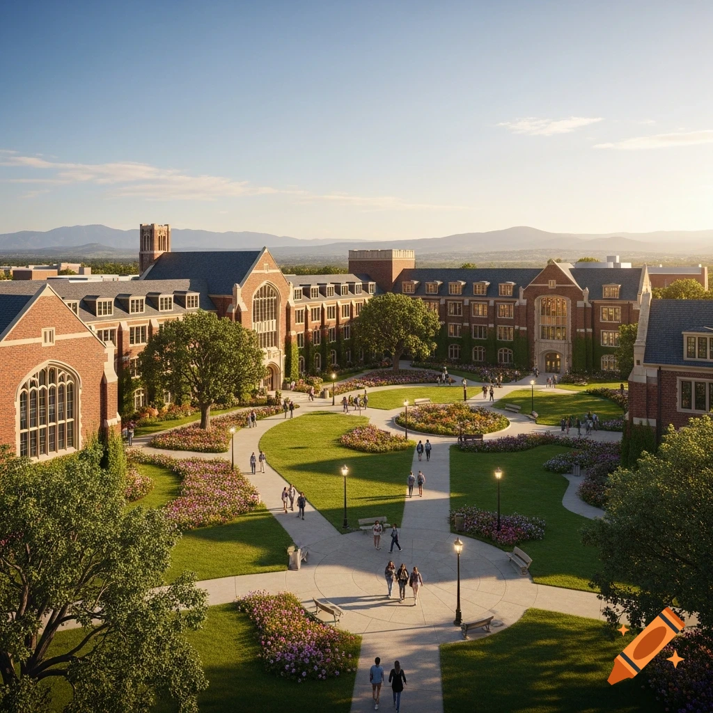 Photorealistic aerial view of a university campus with red brick buildings, green lawns, flower beds, students, and distant mountains at sunset.