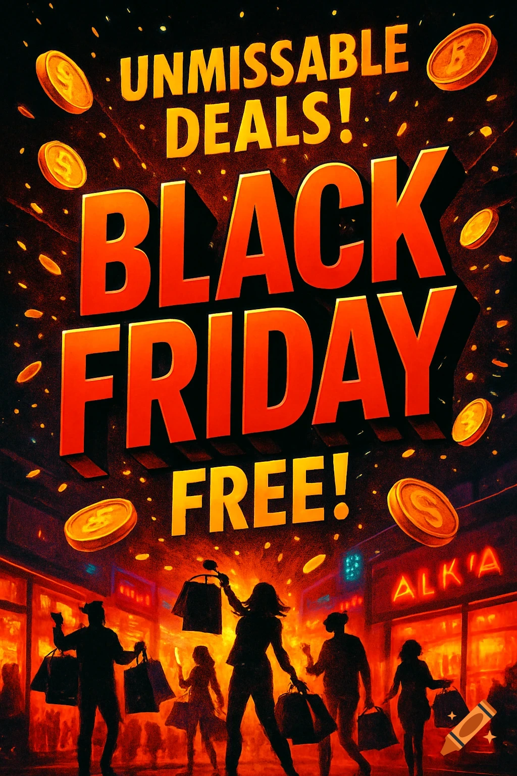 A vibrant advertisement poster for "UNMISSABLE DEALS! BLACK FRIDAY FREE!" with silhouetted shoppers below and golden coins falling.