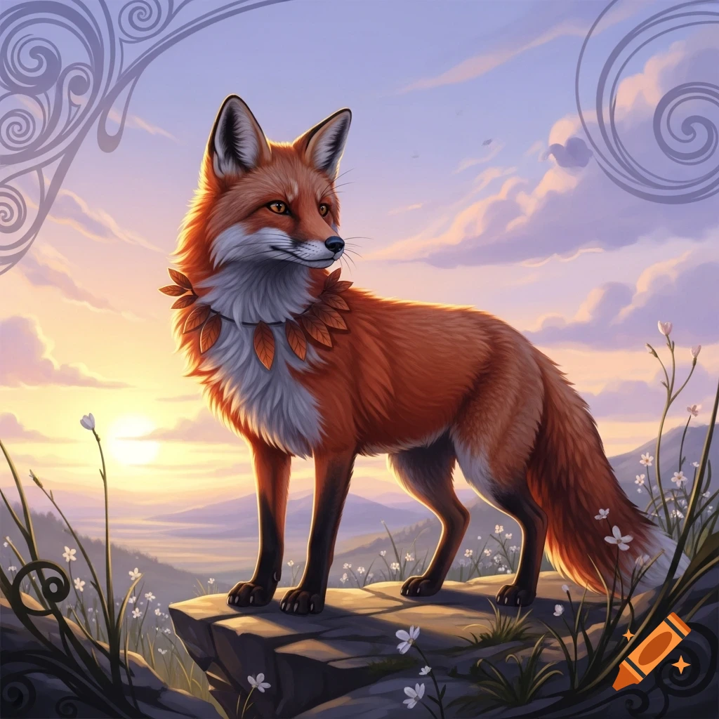 A stylized fox adorned with leaves stands on a rock at sunset, overlooking a mountain landscape with decorative swirls.
