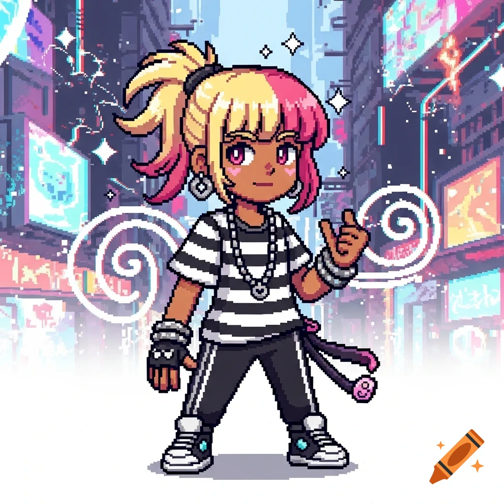 Pixel art of a girl with tan skin, blonde and pink two-tone hair, wearing a striped shirt and streetwear, giving a thumbs-up in a vibrant pixelated city.
