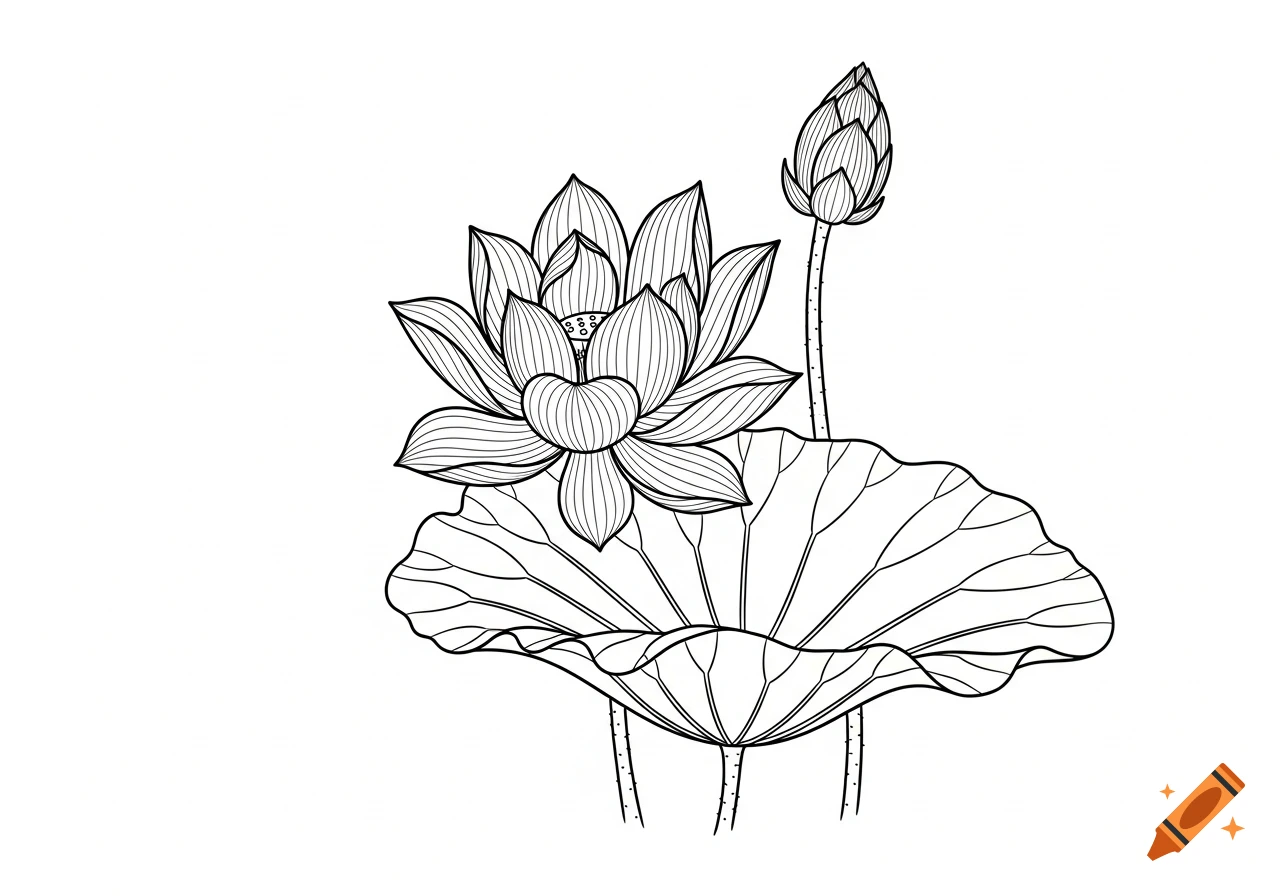 Black and white line drawing of an open lotus flower, a lotus bud, and a large lotus leaf.