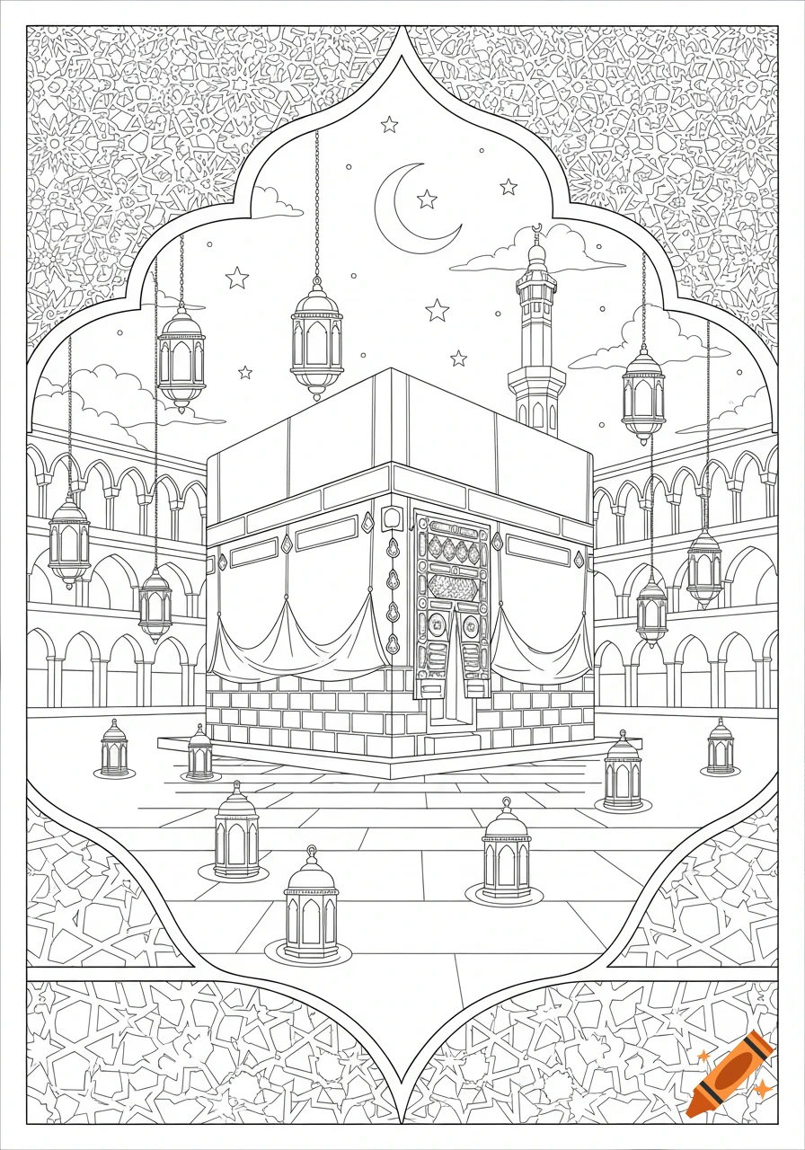Line art coloring page of the Kaaba, surrounded by Islamic architecture, lanterns, crescent moon, and stars in the night sky.