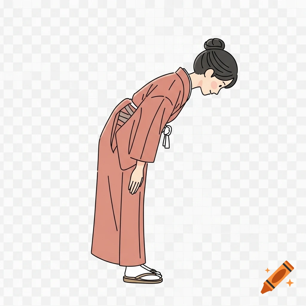 An illustration of a person in a kimono bowing, on a transparent background.