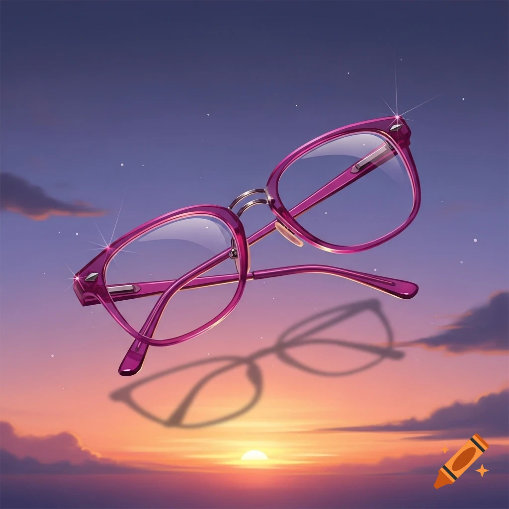 Pink-framed glasses with clear lenses float against a gradient sunset sky, casting a subtle reflection below.