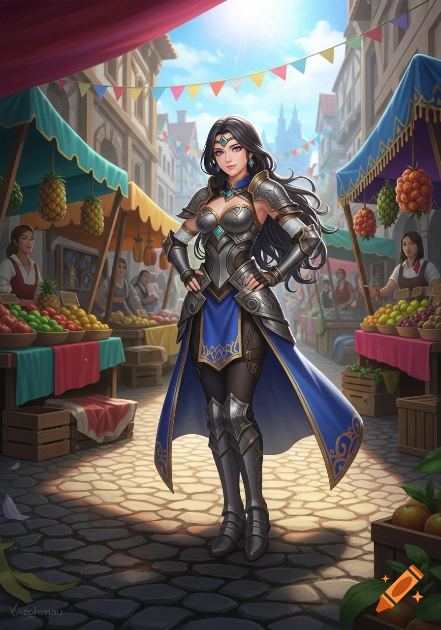A female warrior in intricate silver and blue armor stands confidently in a bustling fantasy marketplace under a sunny sky.