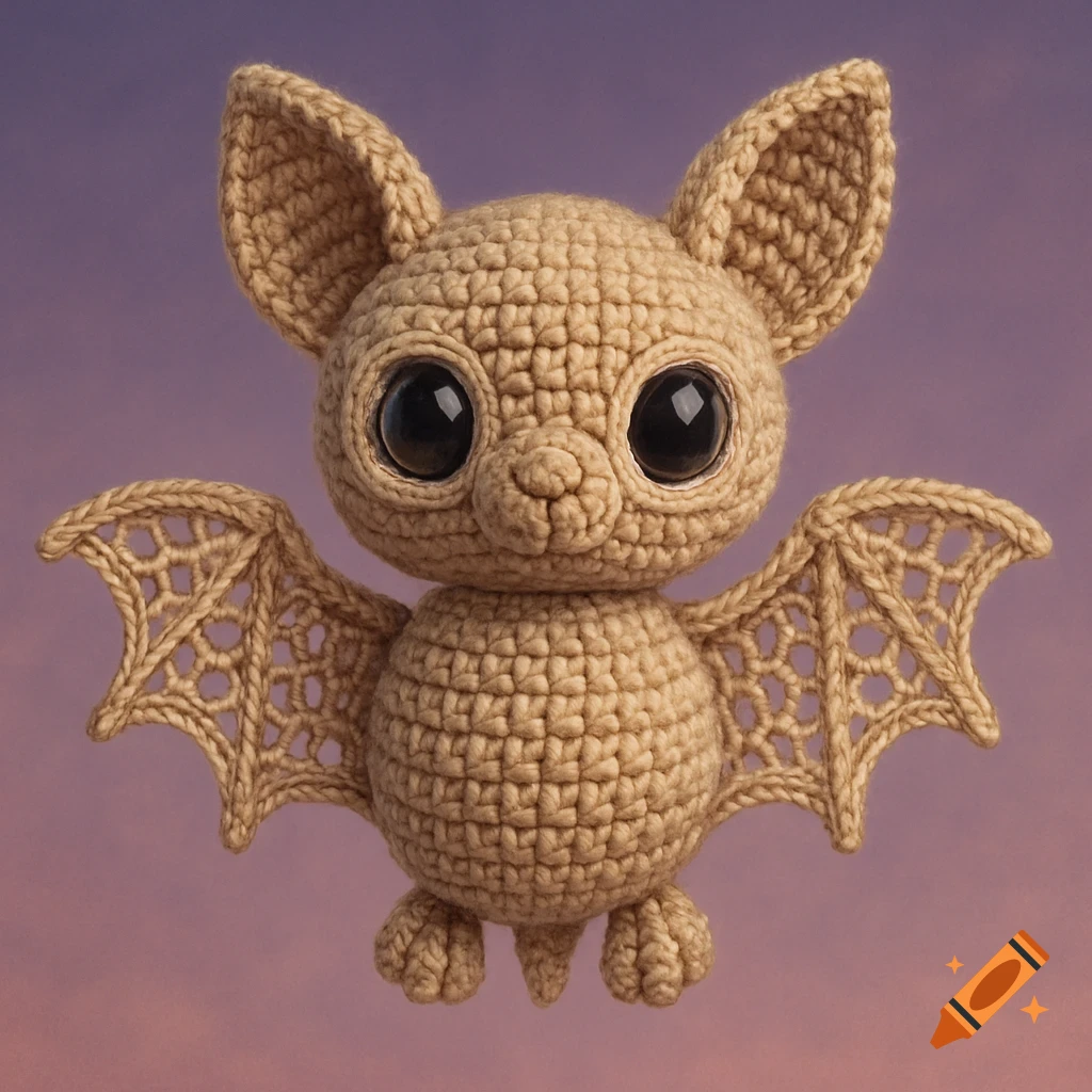 A cute, beige crocheted bat with large black eyes and detailed wings, against a soft purple and orange gradient background.