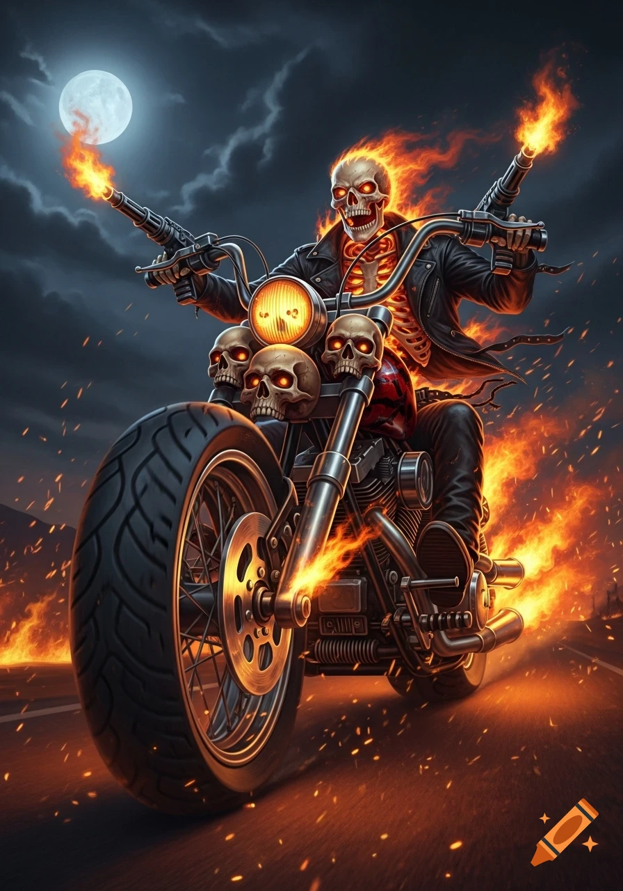 A flaming skeleton in a leather jacket rides a motorcycle chopper with miniguns, sparks flying on a dark road under a full moon.