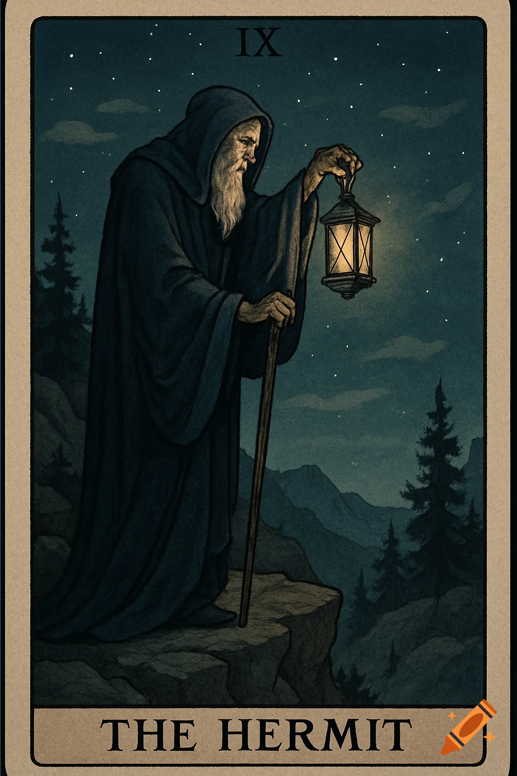 The Hermit tarot card: an old, robed man with a lantern and staff on a cliff under a starry night.