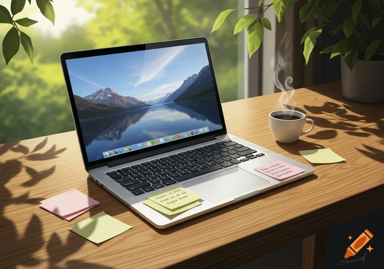 A photorealistic laptop on a wooden desk with a coffee cup, plants, and notes, set against a bright green outdoor background.