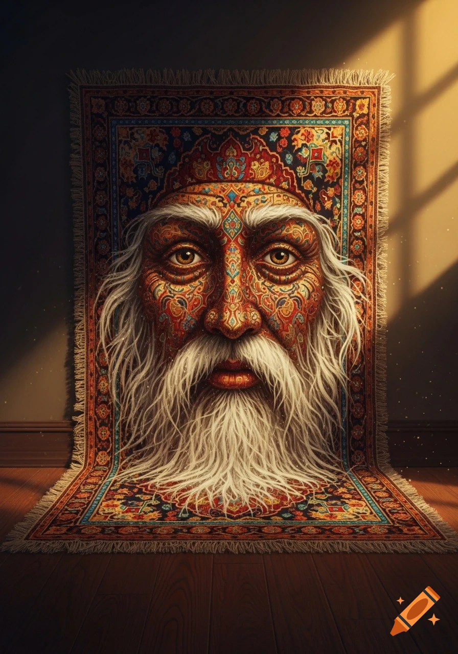 A detailed, ornate rug depicting the face of an old man with a long white beard, hanging on a wall and draped onto a wooden floor.