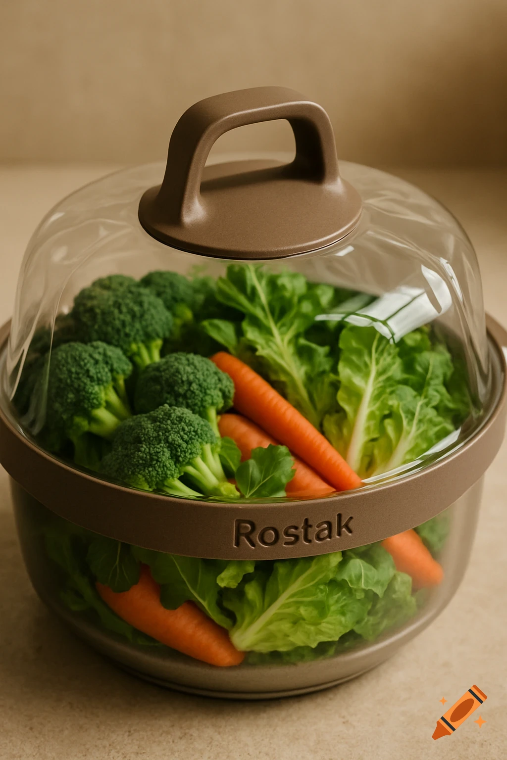 Close-up of a clear plastic lid with a brown handle over a pot of fresh broccoli, lettuce, and carrots, with 'Rostak' on the pot.