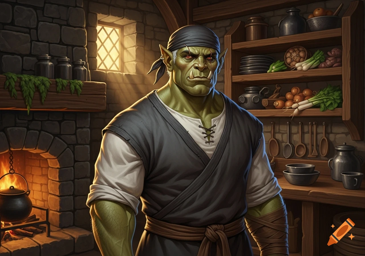 A muscular, green-skinned half-orc cook with red eyes and a black bandana stands in a rustic medieval kitchen.