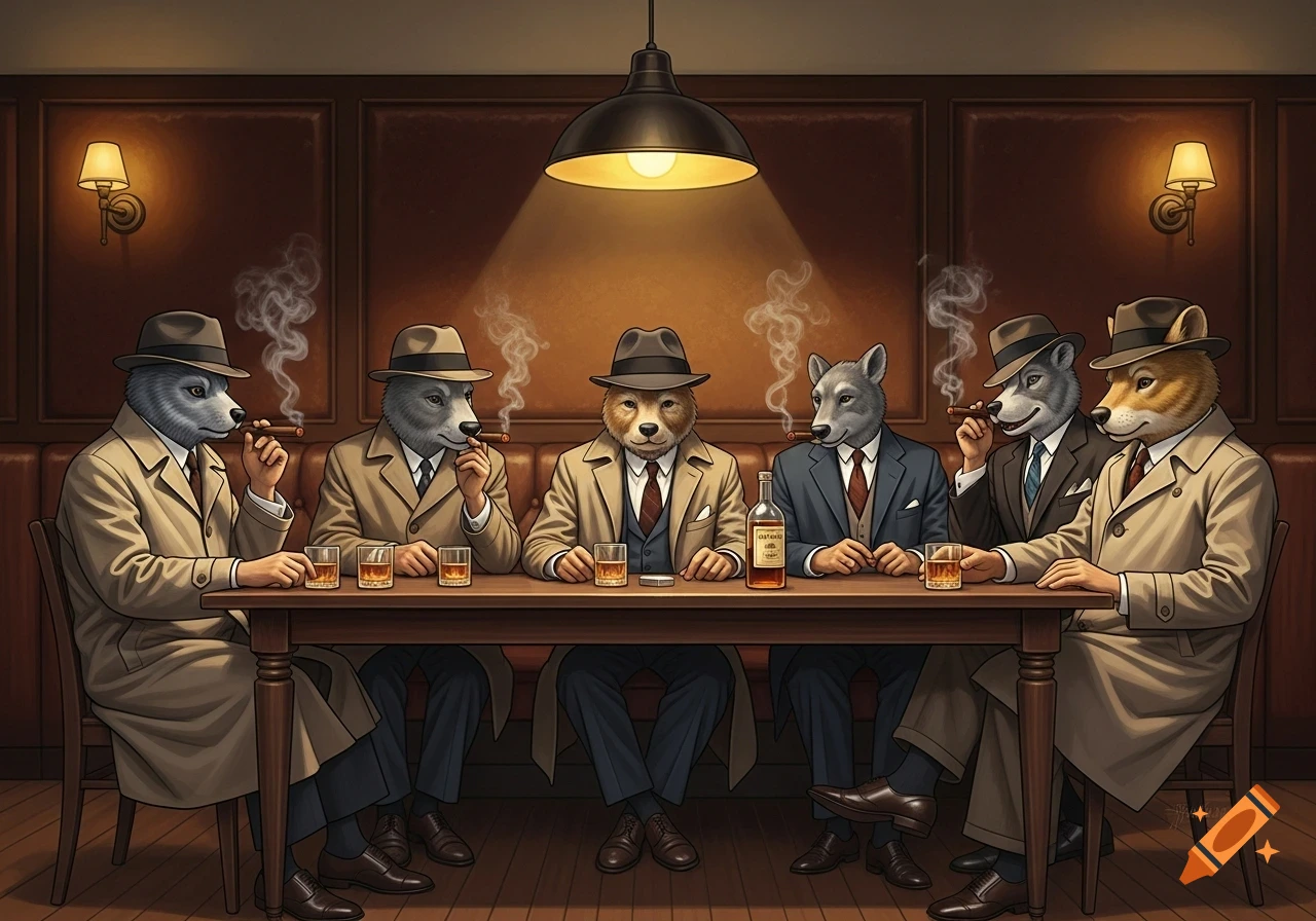 Anthropomorphic wolves and a fox in trench coats and fedoras smoke cigars and drink whiskey around a wooden table in a dimly lit bar.