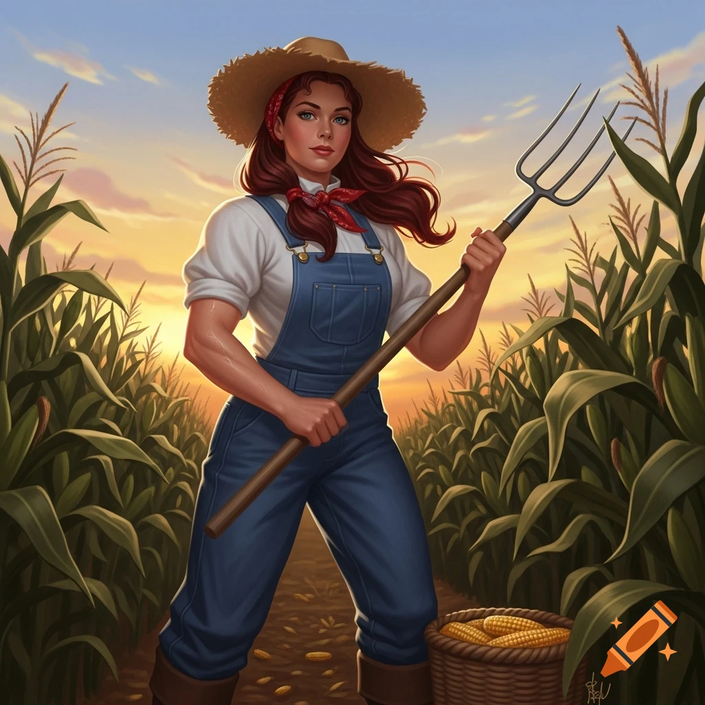 A muscular woman in overalls and a straw hat holds a pitchfork in a sunlit cornfield at sunset, with a basket of corn at her feet.