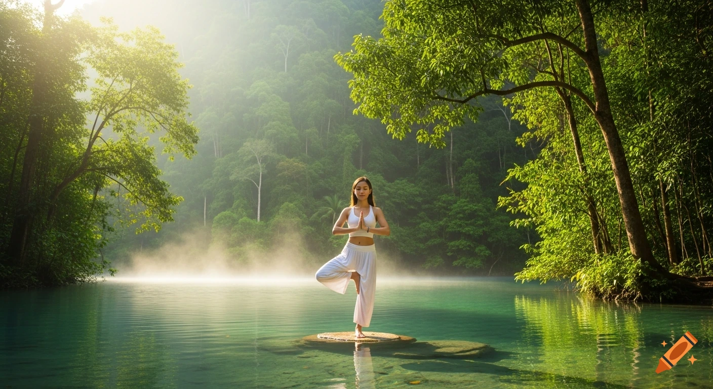 A woman in a white outfit performs a tree yoga pose on a rock in a clear, misty lake surrounded by a lush green forest, photorealistic.