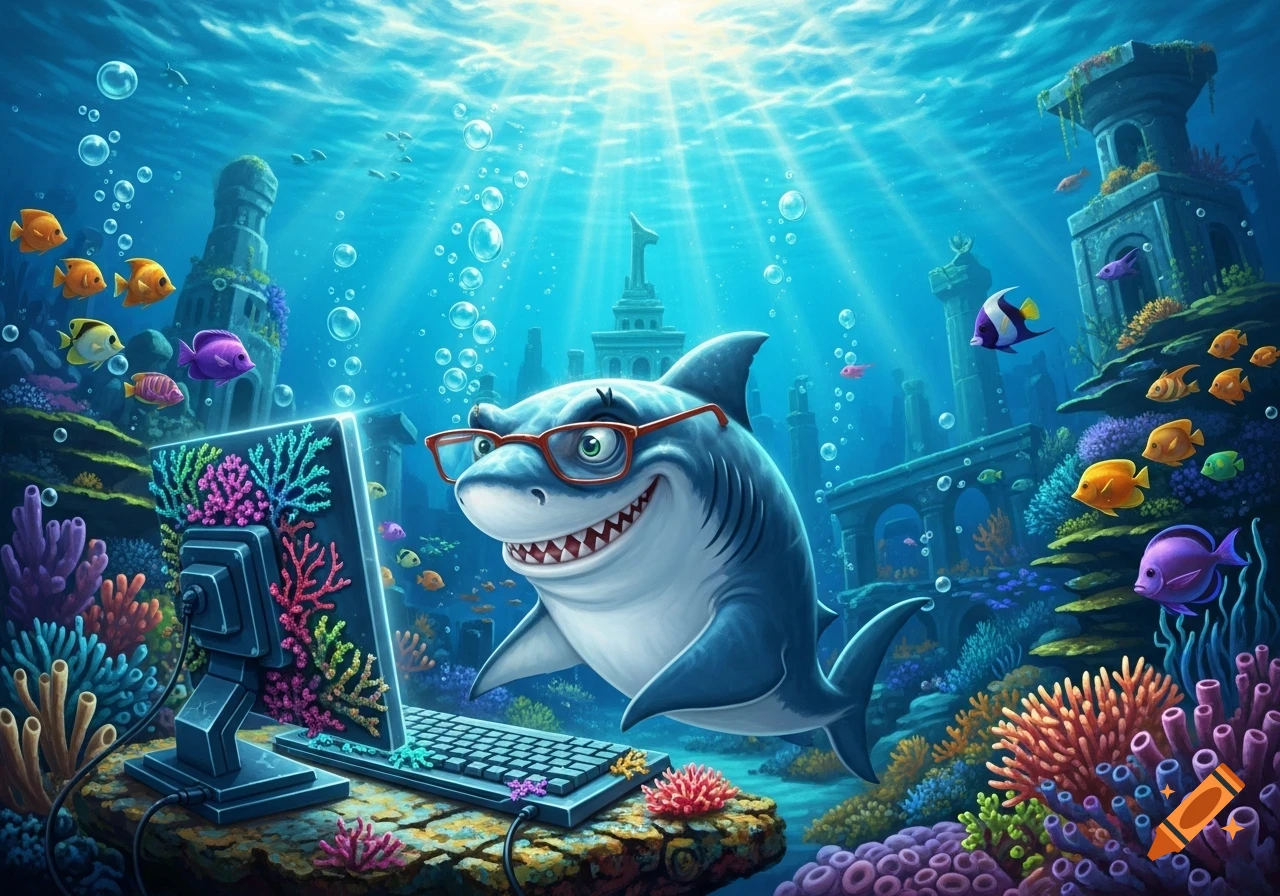 A cartoon shark with red glasses smiles while sitting at a computer and keyboard underwater amidst colorful coral and sunken ruins in Atlantis.
