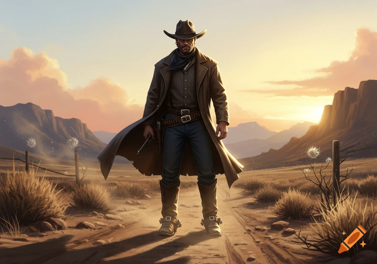 A lone cowboy in a duster coat and hat stands on a dirt path in a vast desert landscape at sunset, holding a pistol.