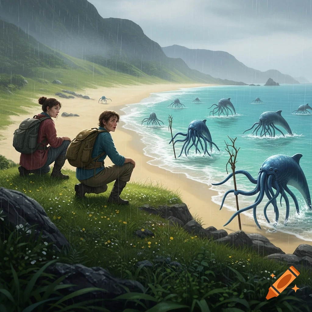 Two hikers watch strange dolphin-octopus creatures emerge from the sea on a rainy, mountainous beach.