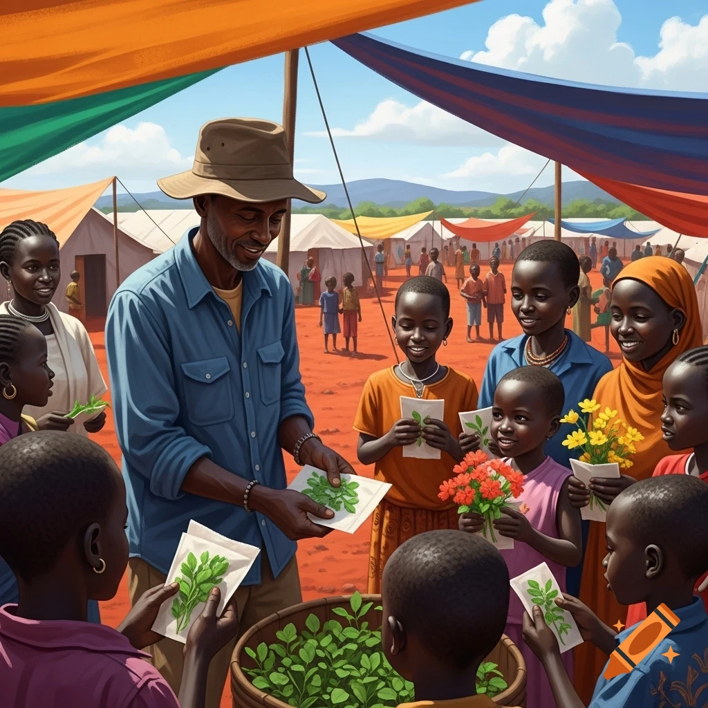 A smiling man distributes plants to children at an outdoor market or refugee camp, surrounded by other people and colorful tents.