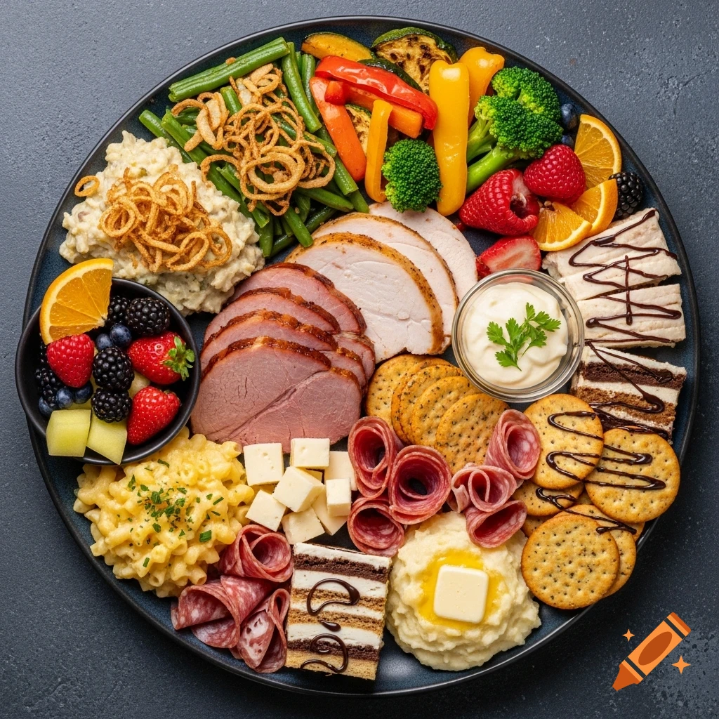 A top-down view of a large dinner platter filled with various foods including sliced meats, vegetables, fruits, desserts, and crackers.