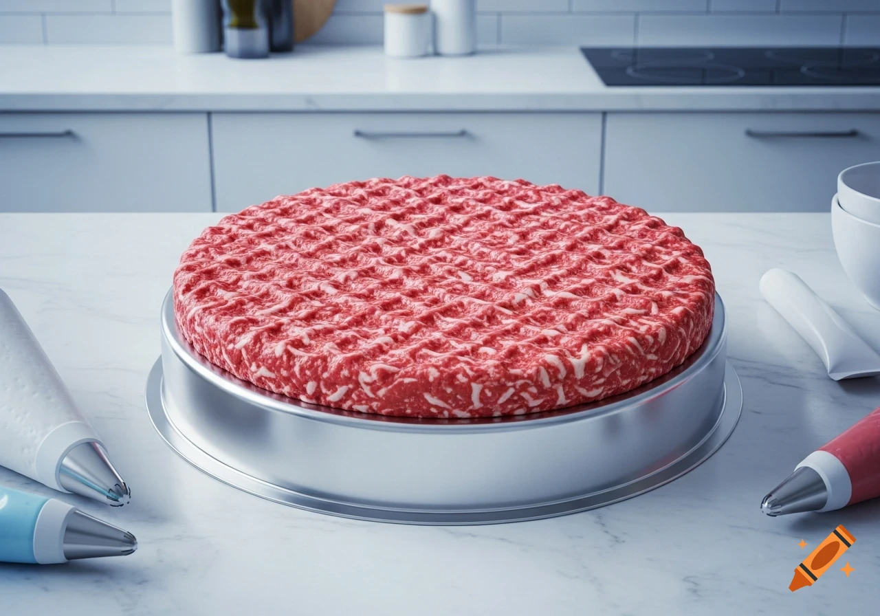A photorealistic image of a cake designed to look like a raw ground meat patty, sitting in a cake pan on a kitchen counter with piping bags.