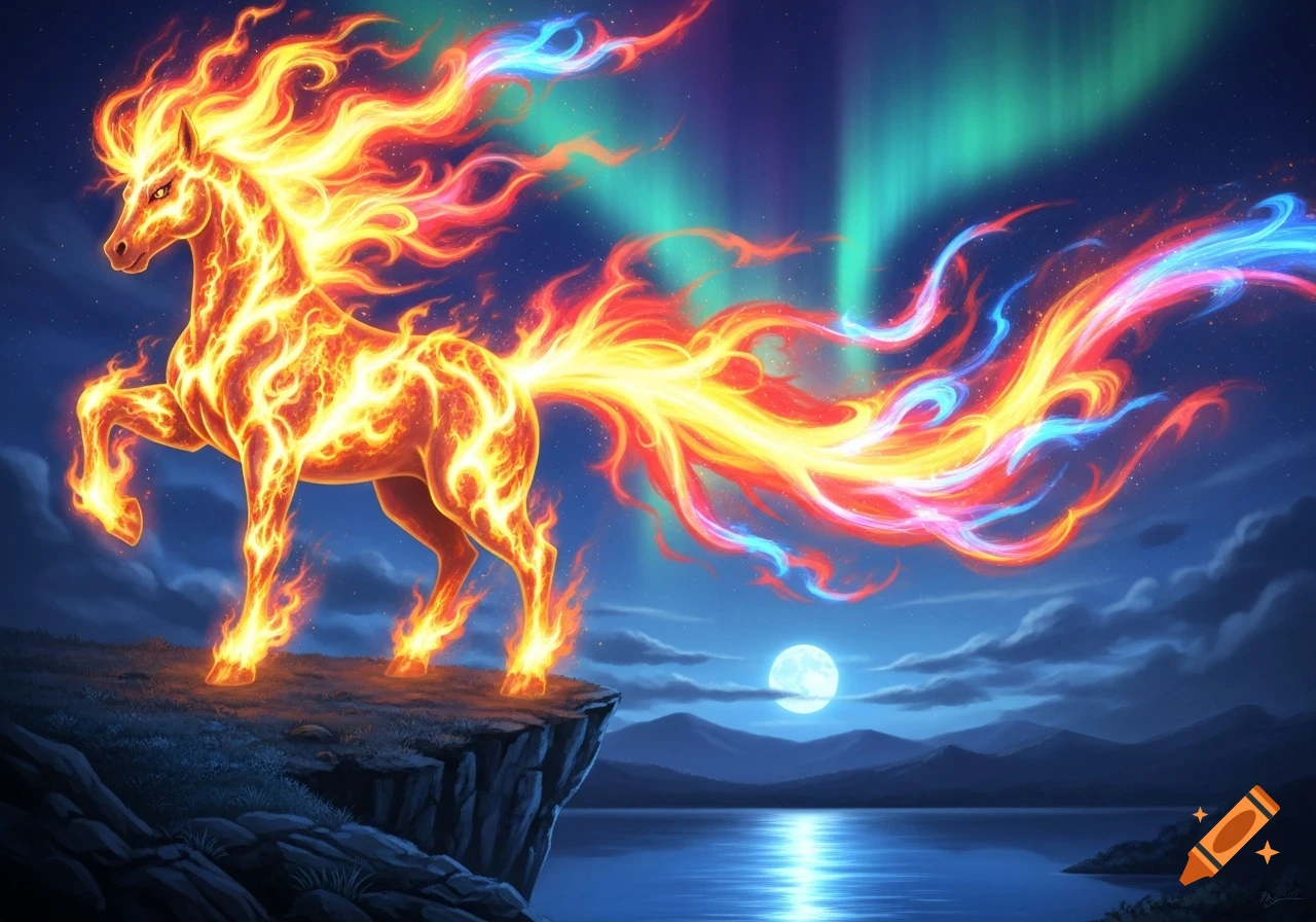 A vibrant fiery horse stands on a cliff overlooking a lake under a full moon and a colorful aurora borealis sky.