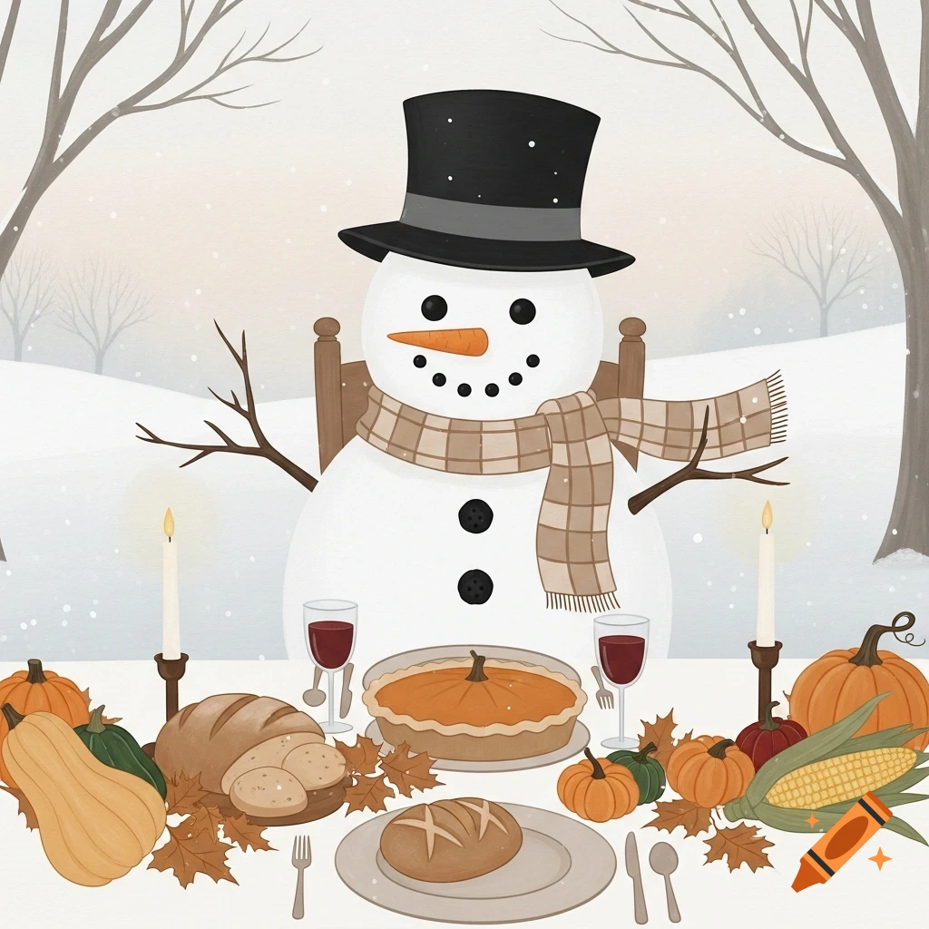 A folk art snowman in a top hat and scarf sits at a Thanksgiving dinner table with pie, bread, and pumpkins in a snowy scene.