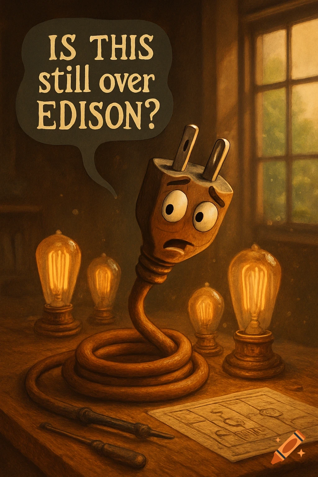 A worried cartoon electrical plug with coiled cord asks 'Is this still over Edison?' surrounded by glowing vintage light bulbs.