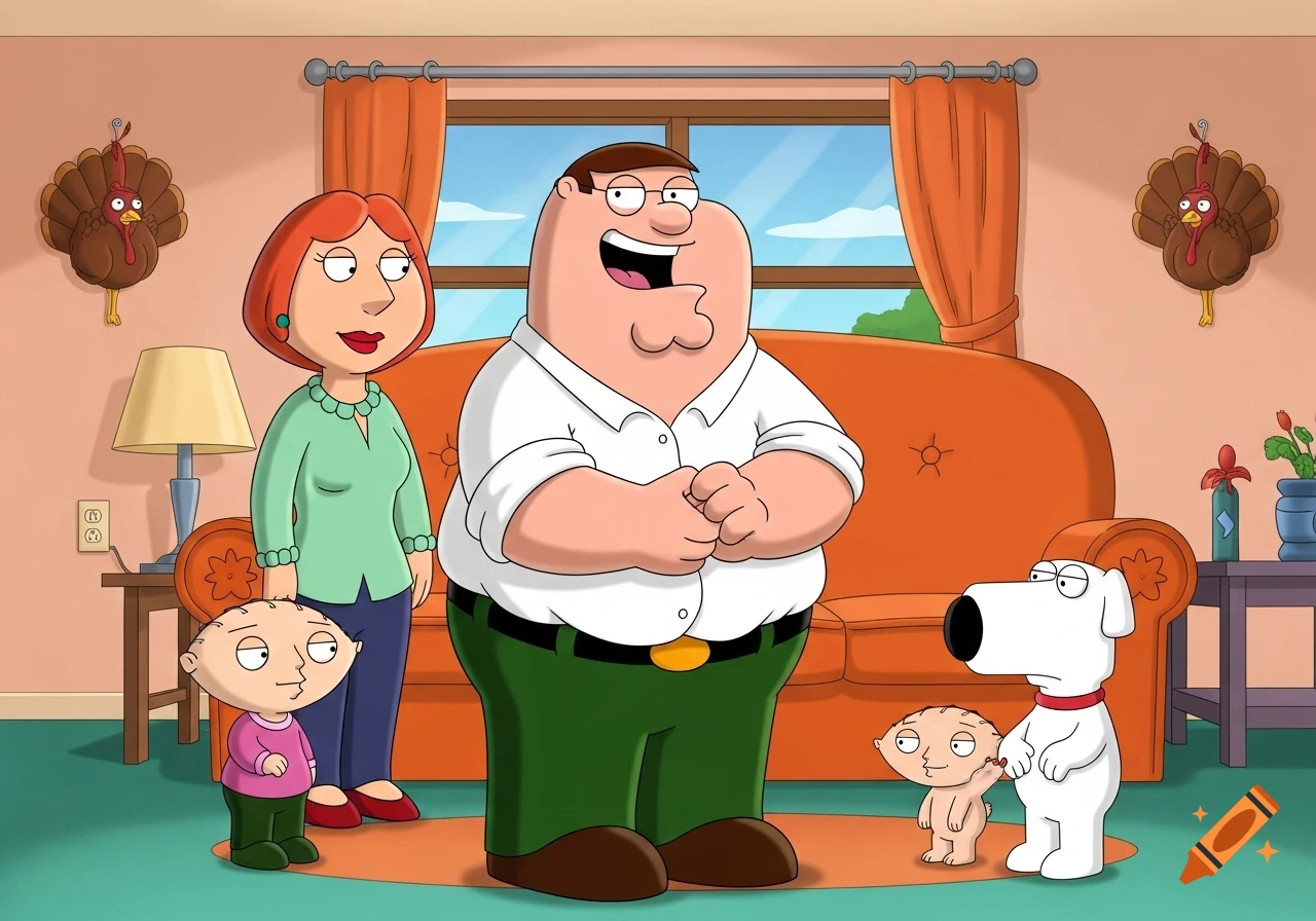 The Family Guy characters Peter, Lois, Stewie, and Brian in their living room, with turkey decorations.