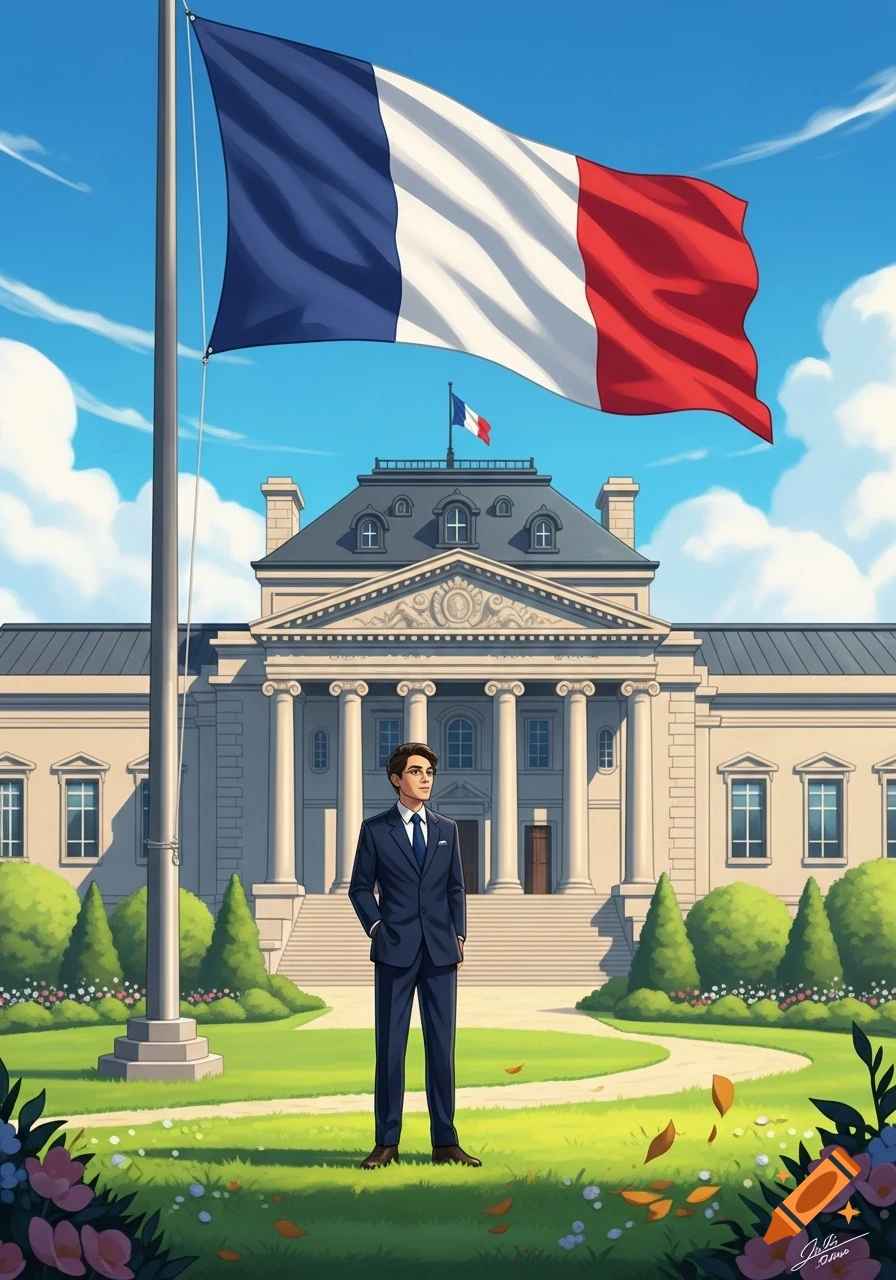A man in a suit stands on a lawn in front of a grand palace with a large French flag flying, in an anime style.