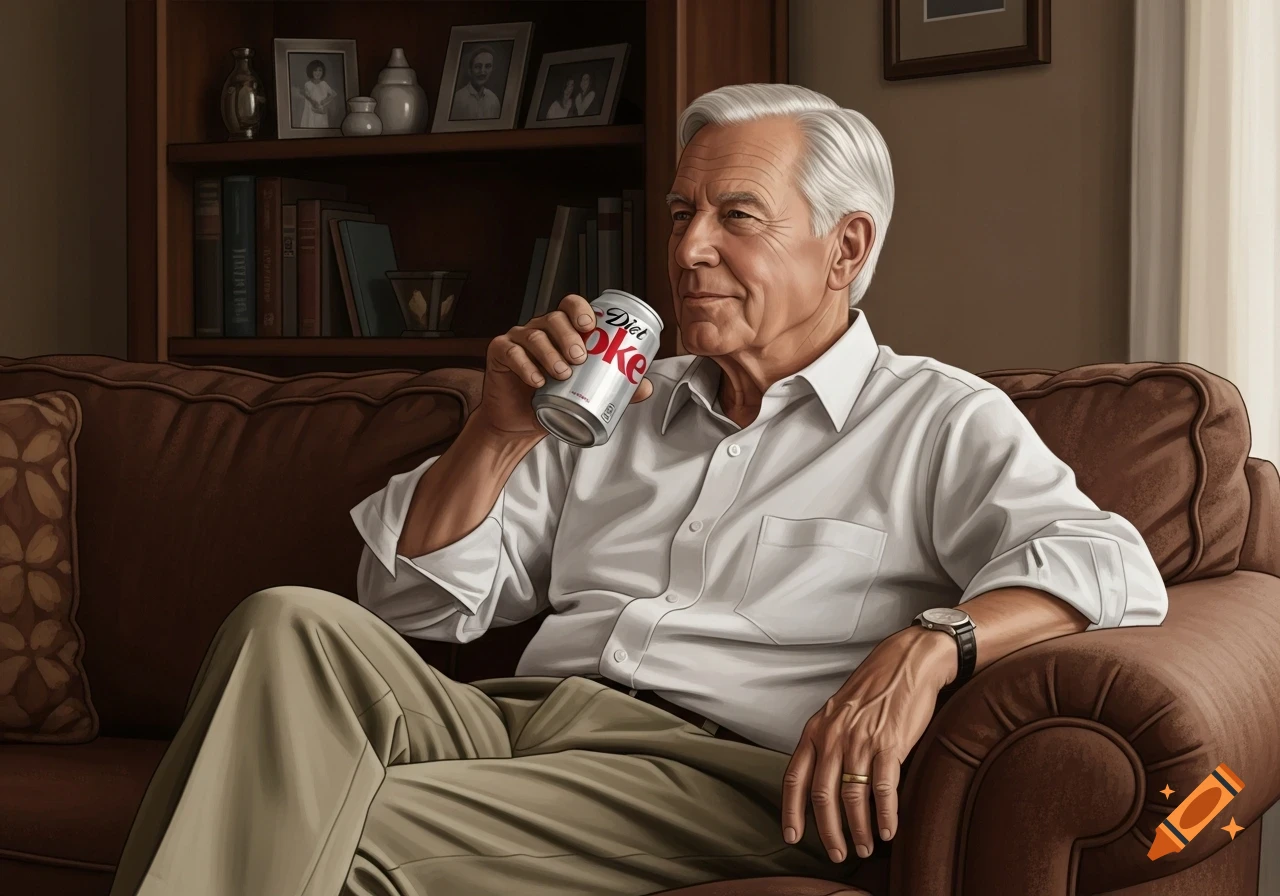 A 75-year-old man with white hair sits on a brown couch, drinking a can of Diet Coke in a living room, photorealistic style.