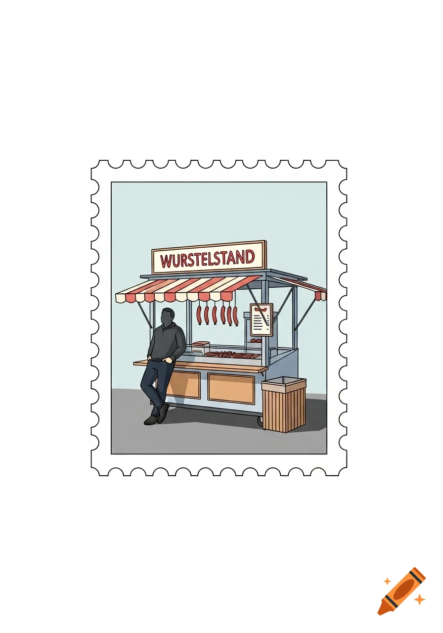 Minimalist drawing of a man leaning on a 'Wurstelstand' (sausage stand) inside a postage stamp frame.