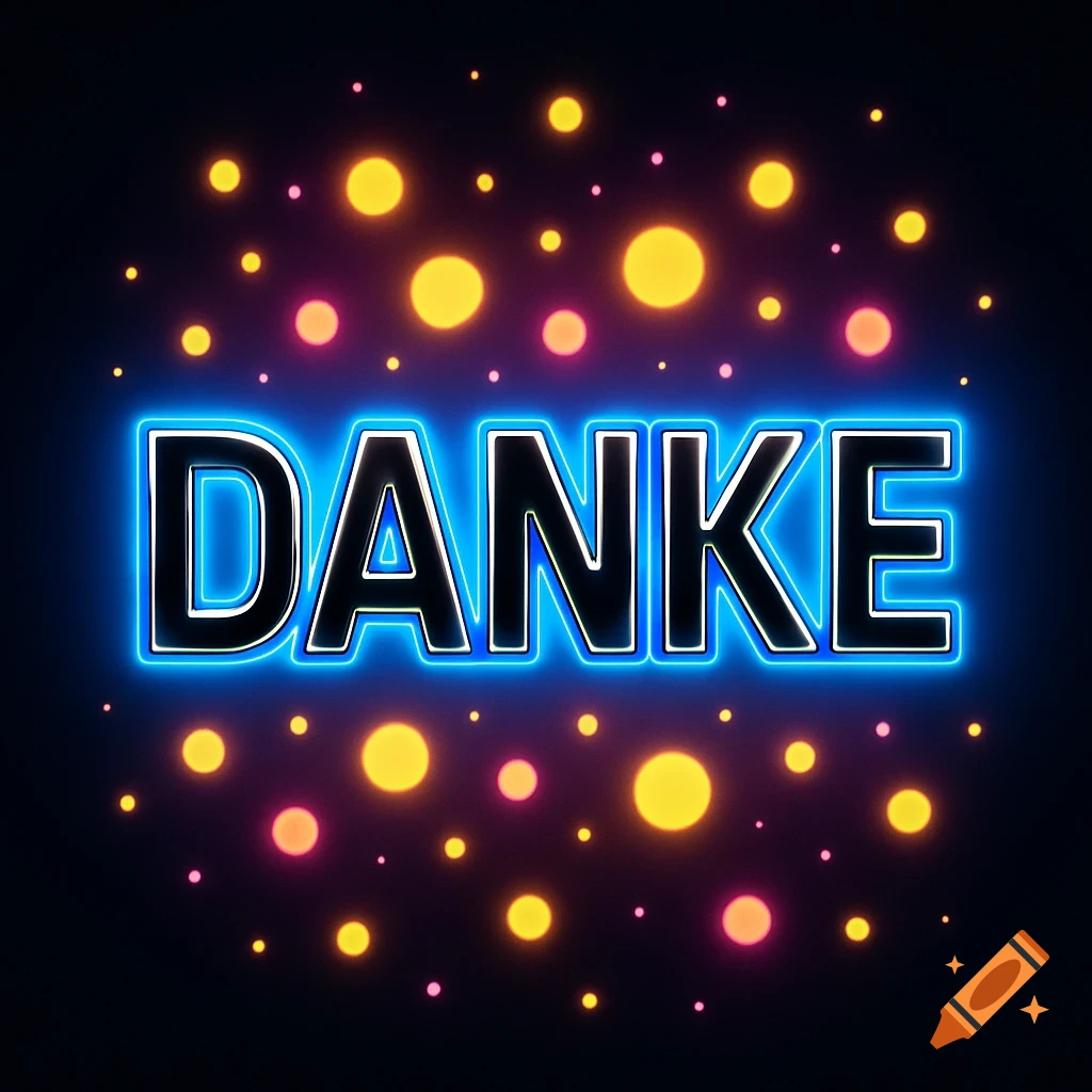 The word 'DANKE' in bright blue neon letters, surrounded by glowing yellow and pink bokeh lights on a dark background.