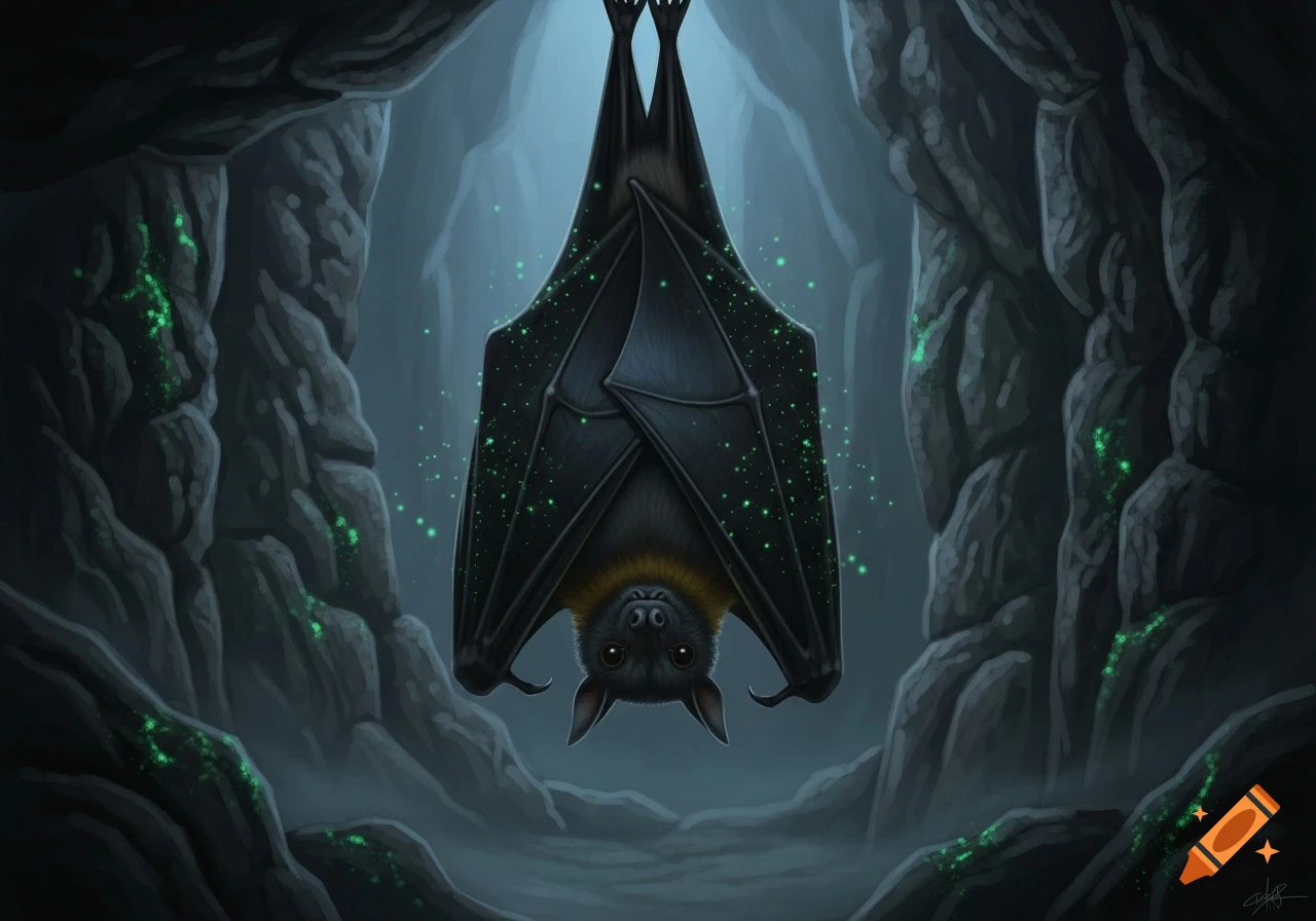 A cute illustrated bat with glowing green bioluminescent bacteria hangs upside down in a dark cave.