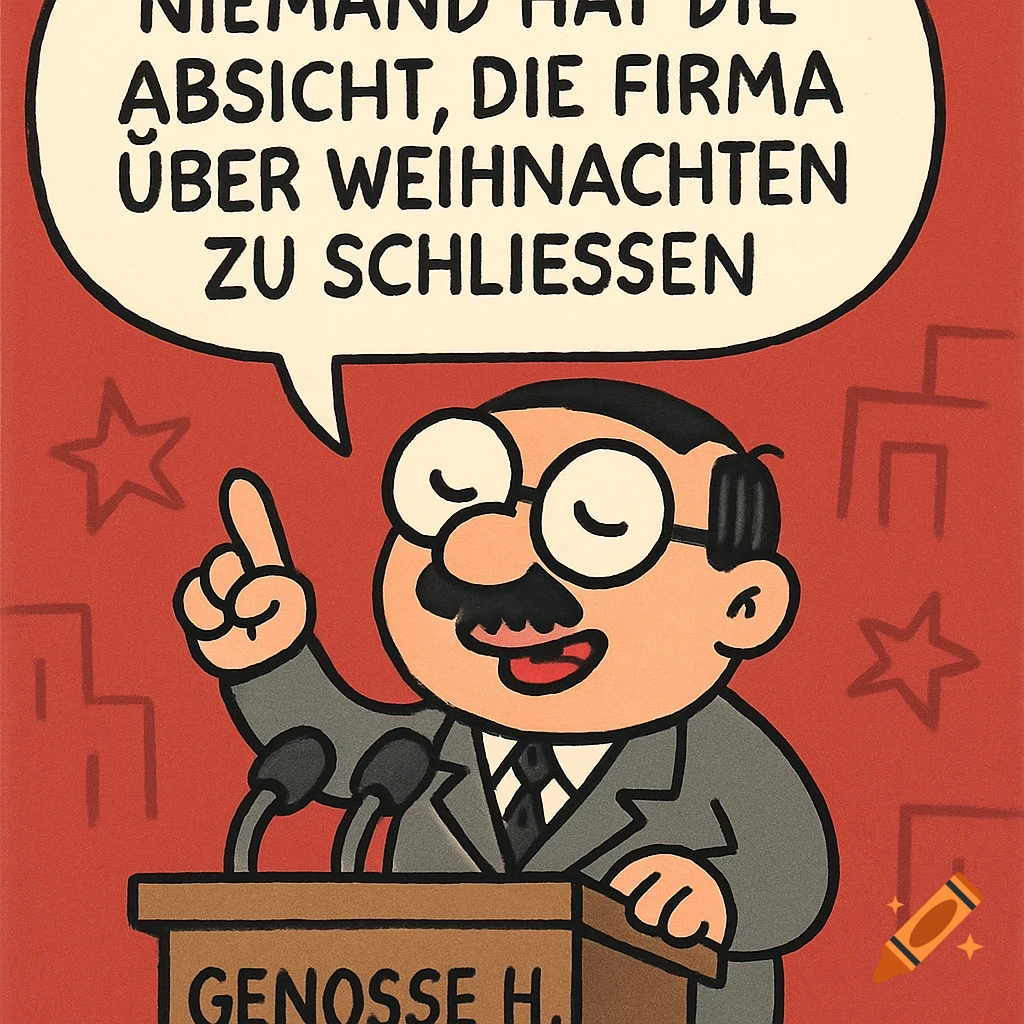 A humorous cartoon character 'Genosse H.' with glasses and a mustache, speaking at a podium. A speech bubble says, 'Niemand hat die Absicht, die Firma "uber Weihnachten zu schließen.' Red background.