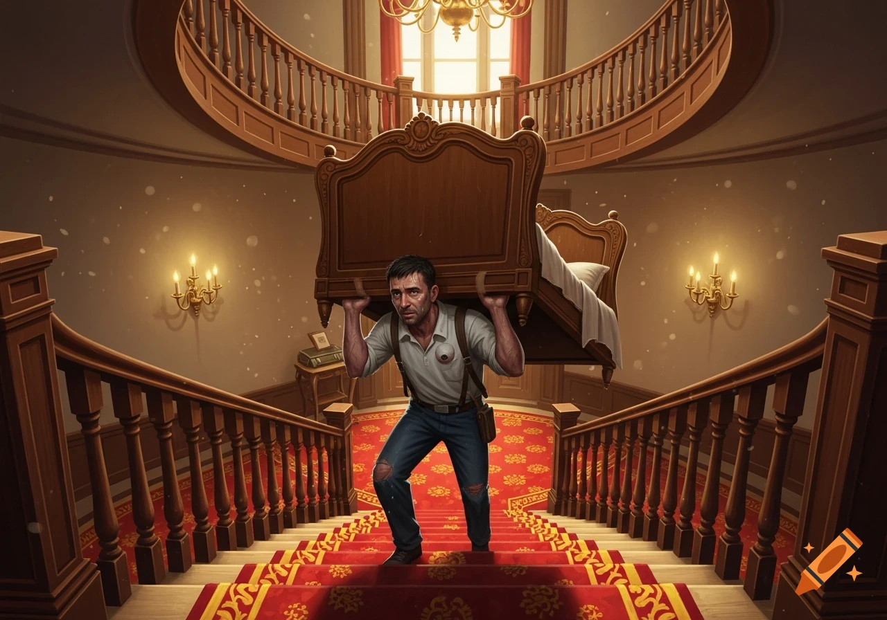 An exhausted man struggles to carry a large wooden bed up a grand, red-carpeted staircase in a lavish house, depicted in a realistic illustration.