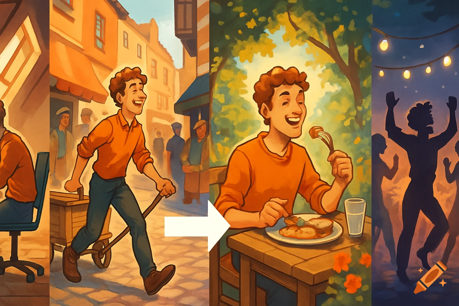 A four-panel cartoon illustration depicts a man's day: working at a desk, pulling a handcart, eating lunch outdoors, then dancing joyfully at night with others.
