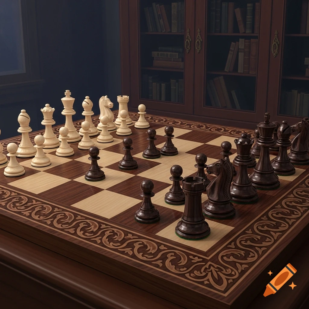 Chess pieces arranged on an ornate wooden chessboard in a room with a bookshelf.