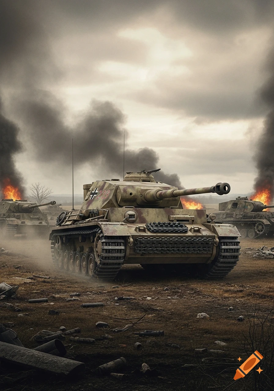Photorealistic image of several German WW2 tanks moving across a smoking battlefield with explosions and destroyed vehicles in the background.