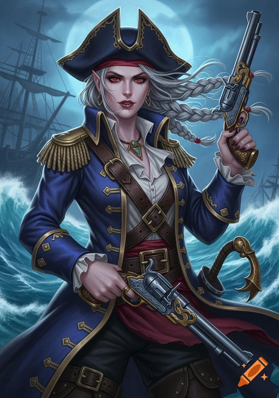 A fantasy digital painting of a pale-skinned vampire pirate captain with silver hair and red eyes, holding two ornate revolvers.