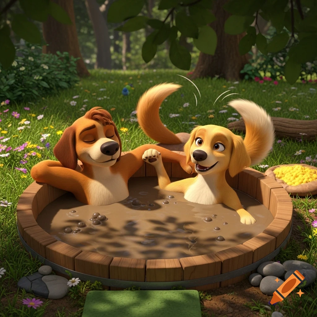 Two happy anthropomorphic cartoon dogs, one brown and one golden, relax in a wooden mud bath in a lush green forest.