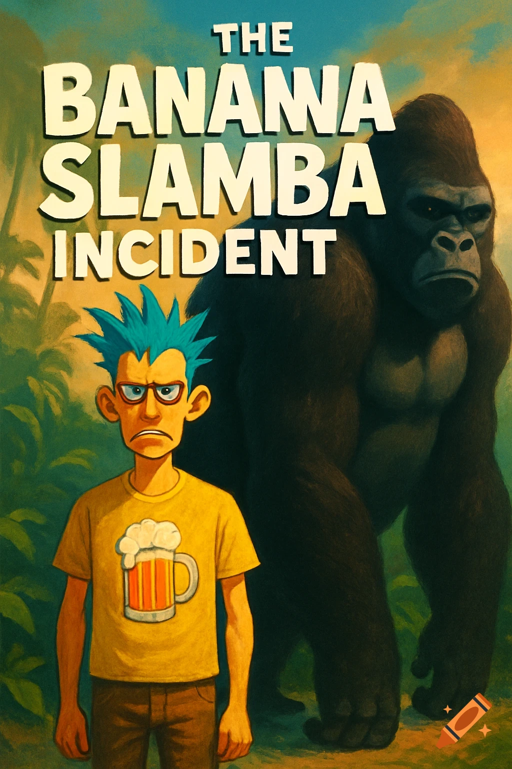 Cartoon illustration of a frowning man with blue spiky hair and a beer mug shirt, next to a gorilla, under text 'THE BANANA SLAMBA INCIDENT'.