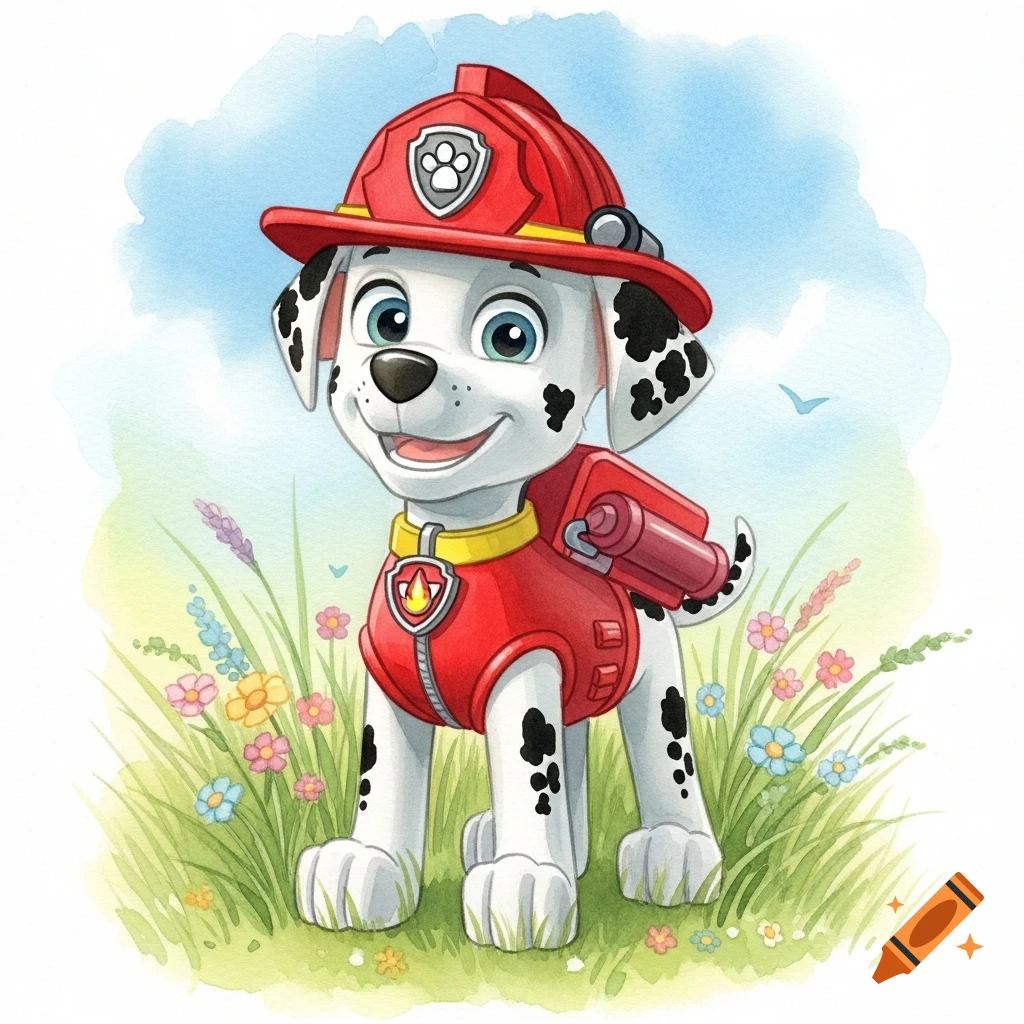 Watercolor painting of Marshall from Paw Patrol wearing a red firefighter uniform in a field of colorful flowers under a blue sky.
