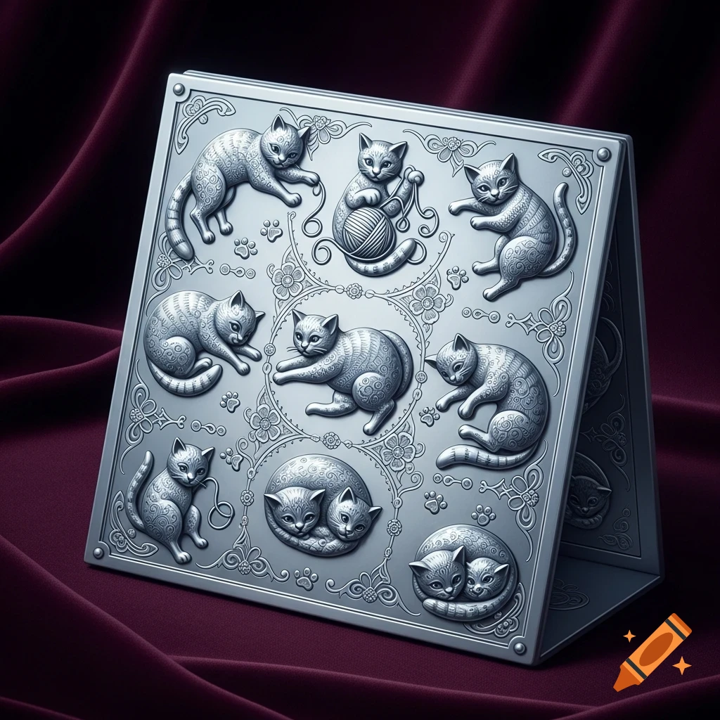 Silver relief plaque featuring multiple stylized cats in various playful and sleeping poses, set against a rich burgundy fabric background.