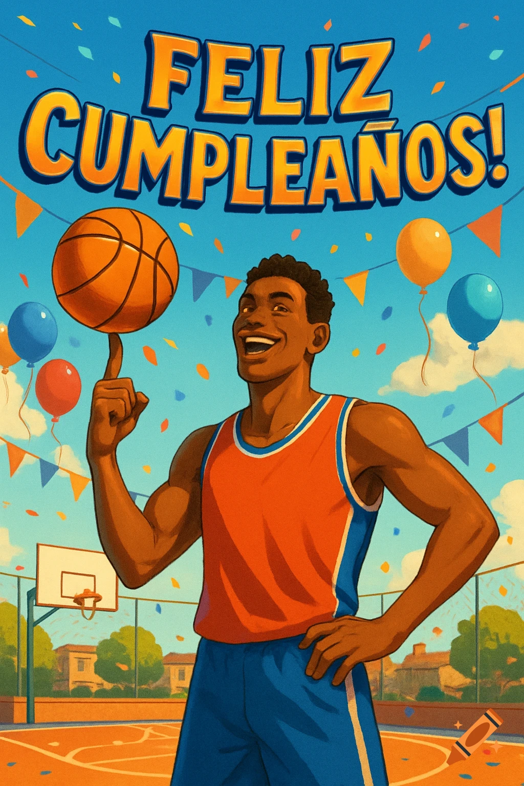 An illustration of a happy man in a basketball jersey spinning a ball on his finger, with balloons, confetti, and 'FELIZ CUMPLEA R OS!' overhead.
