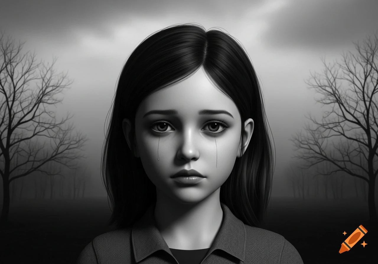 A black and white digital art portrait of a young girl with tears streaming down her face, standing in a misty, eerie landscape with bare trees.
