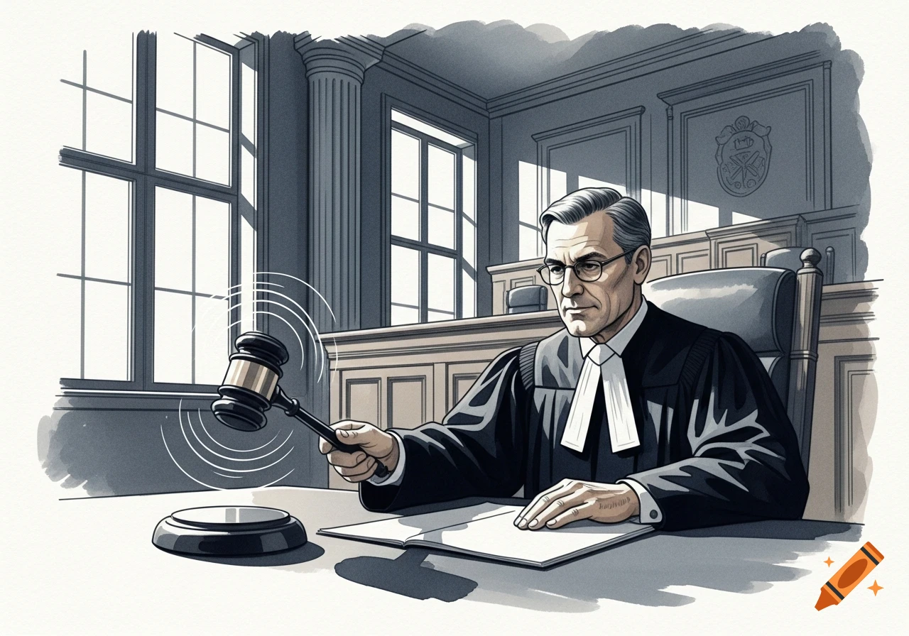 Watercolor illustration of a judge in a courtroom, holding a gavel over a stand.