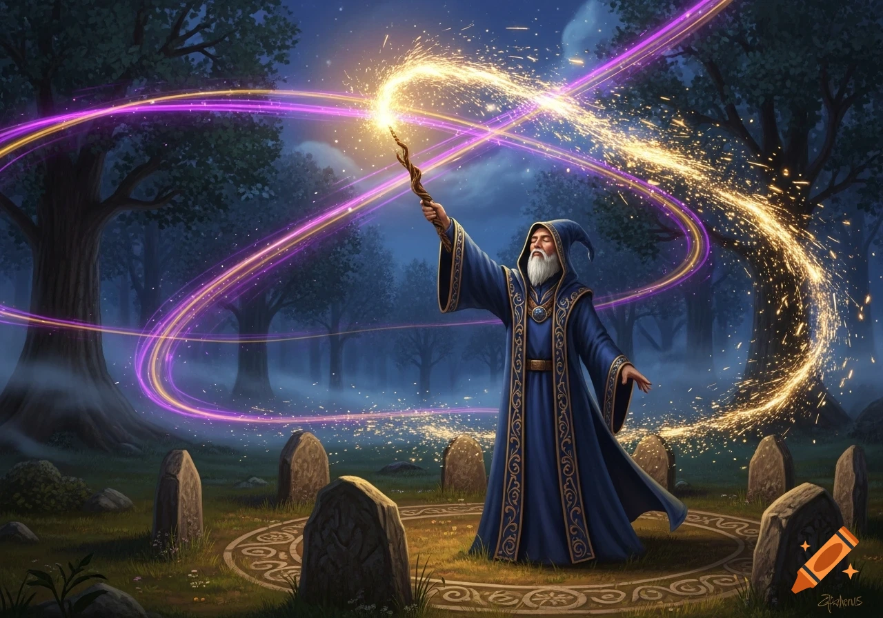 A bearded wizard in a blue robe and pointed hat casts a spell, sending sparkling golden and purple magic from his wand in a mystical, foggy forest with standing stones at night.