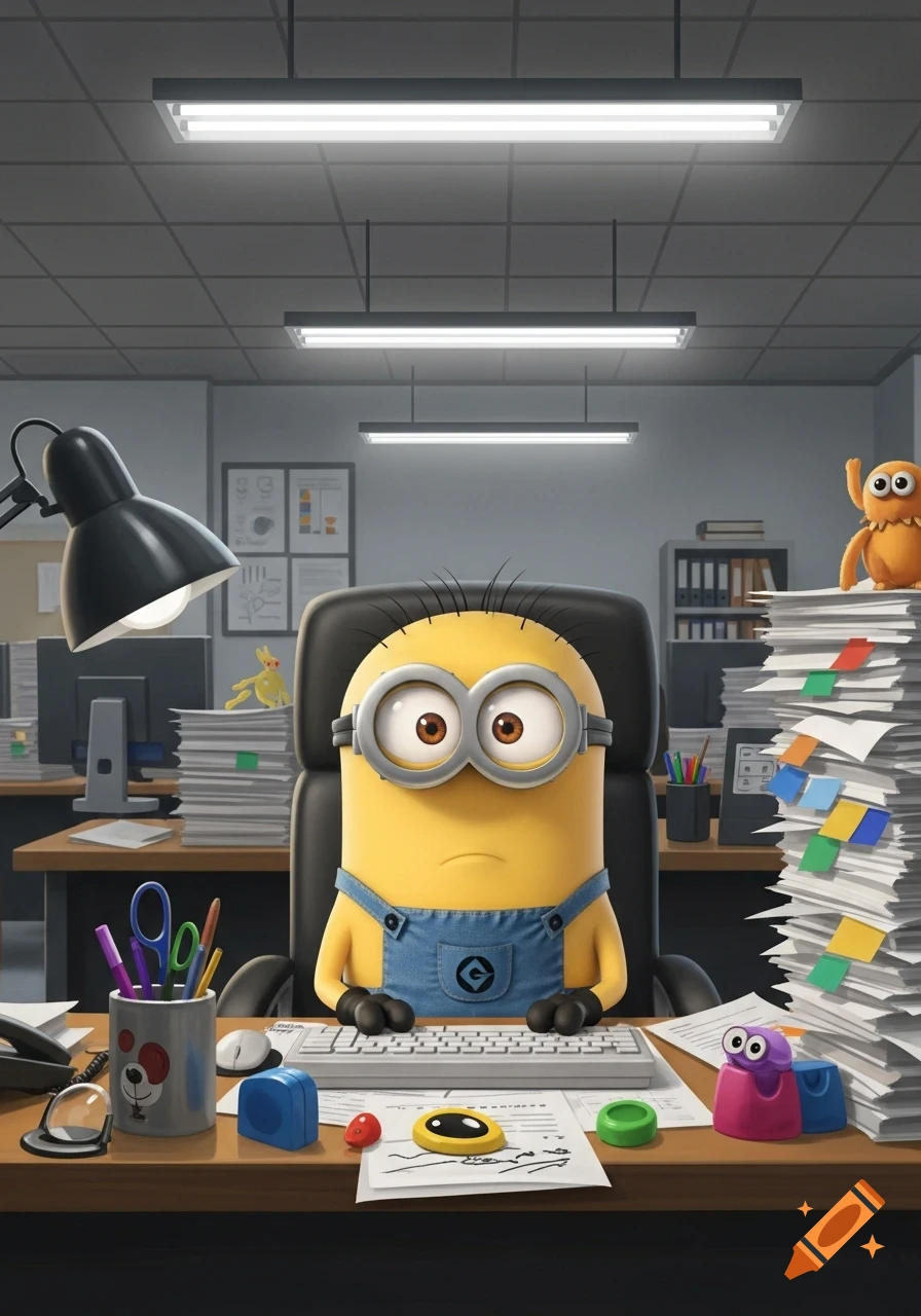A cartoon Minion with goggles sits at an office desk, looking sad, surrounded by tall stacks of papers and office supplies.